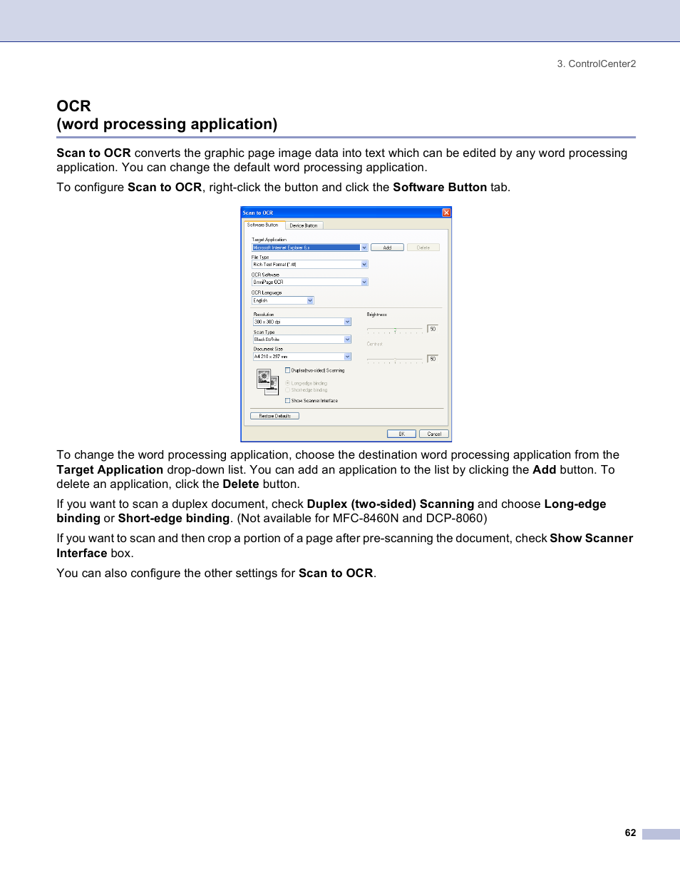 Ocr (word processing application) | Brother DCP 8060 User Manual | Page 68 / 182