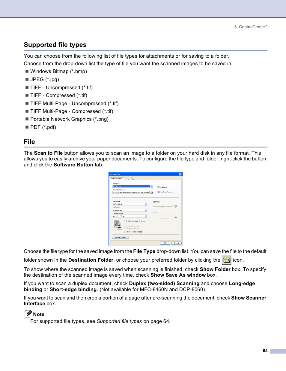 Supported file types, File, Supported file types file | Brother DCP 8060 User Manual | Page 70 / 182