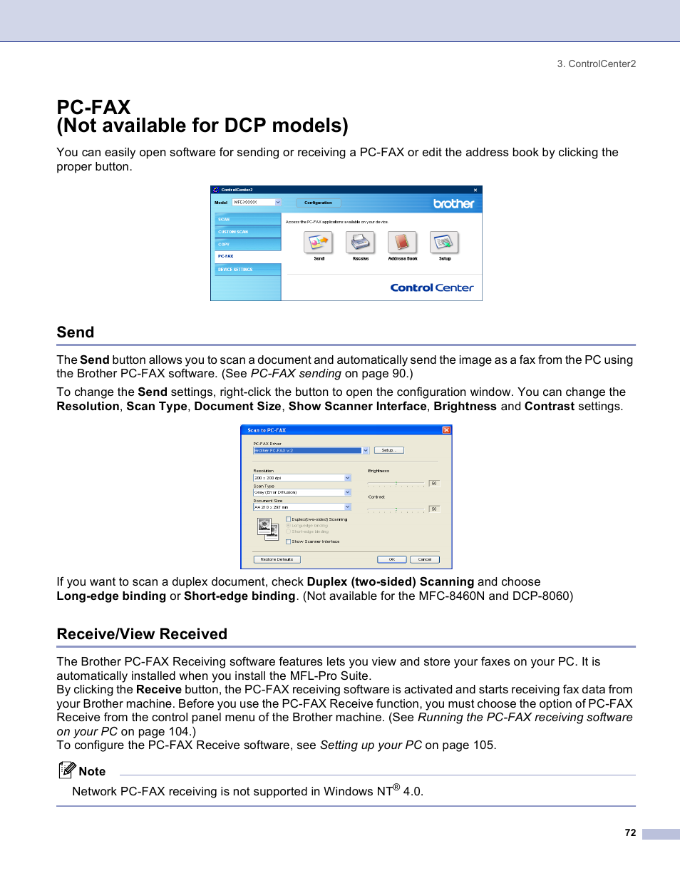 Pc-fax (not available for dcp models), Send, Receive/view received | Send receive/view received | Brother DCP 8060 User Manual | Page 78 / 182