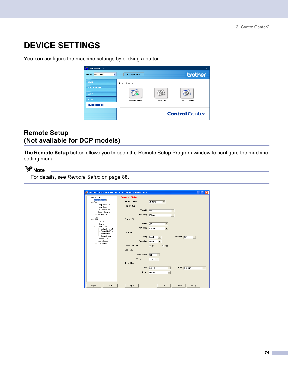 Device settings, Remote setup (not available for dcp models) | Brother DCP 8060 User Manual | Page 80 / 182