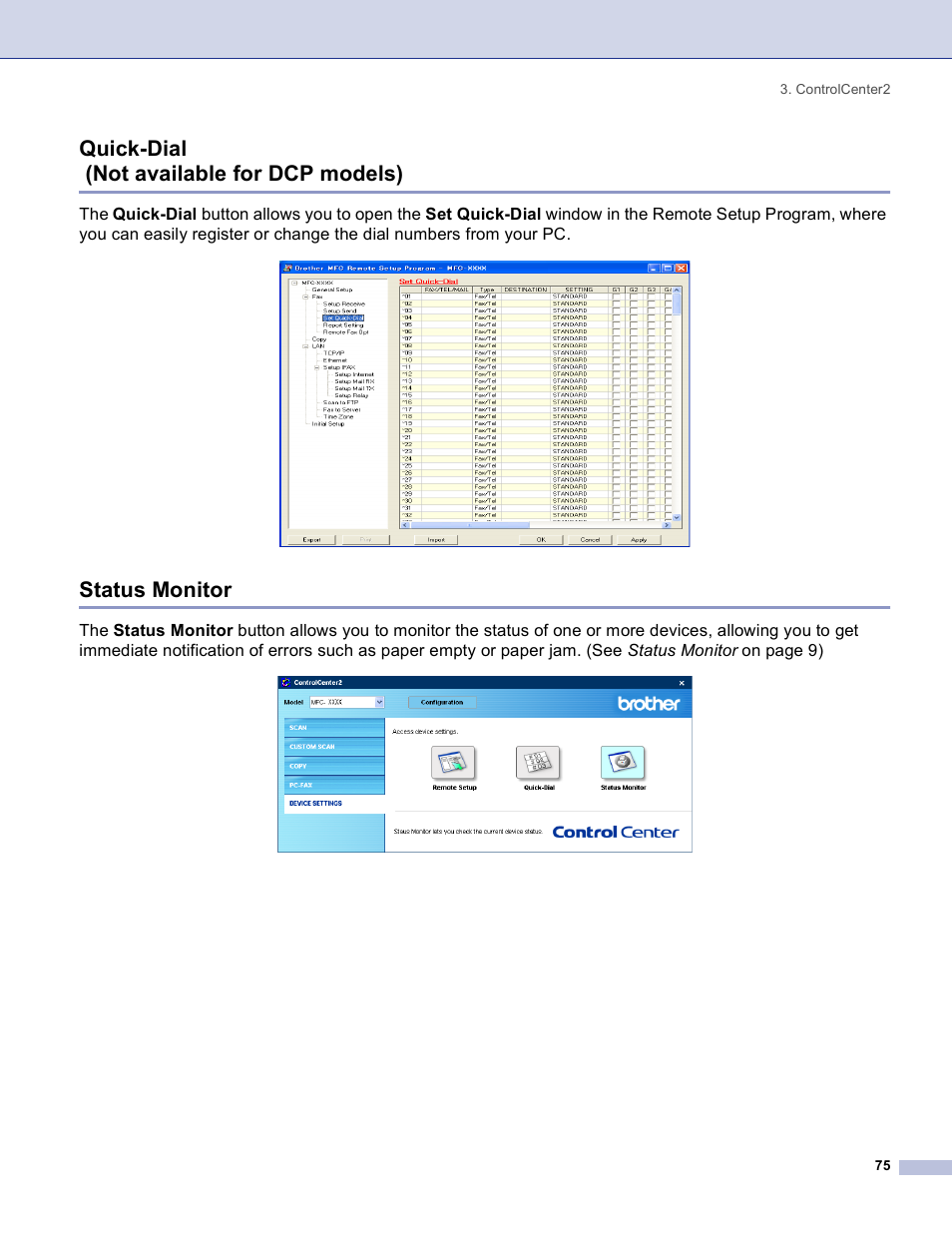 Quick-dial (not available for dcp models), Status monitor | Brother DCP 8060 User Manual | Page 81 / 182