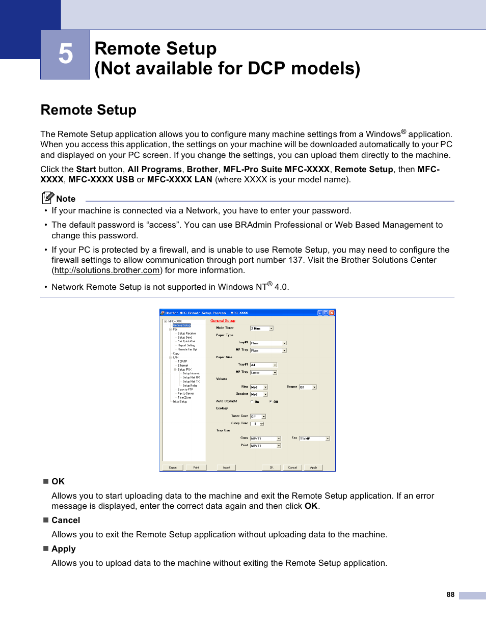 5 remote setup (not available for dcp models), Remote setup, Remote setup (not available for dcp models) | Brother DCP 8060 User Manual | Page 94 / 182