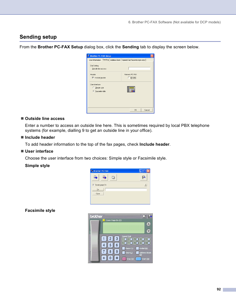 Sending setup, Facsimile style | Brother DCP 8060 User Manual | Page 98 / 182
