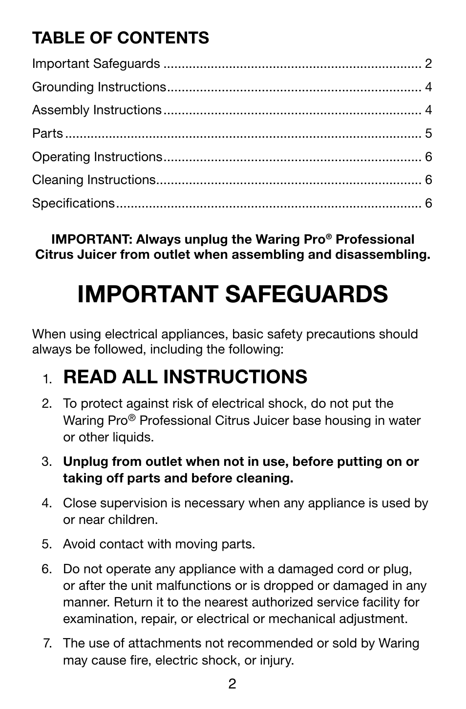 Waring Pro PCJ218 User Manual | Page 2 / 8