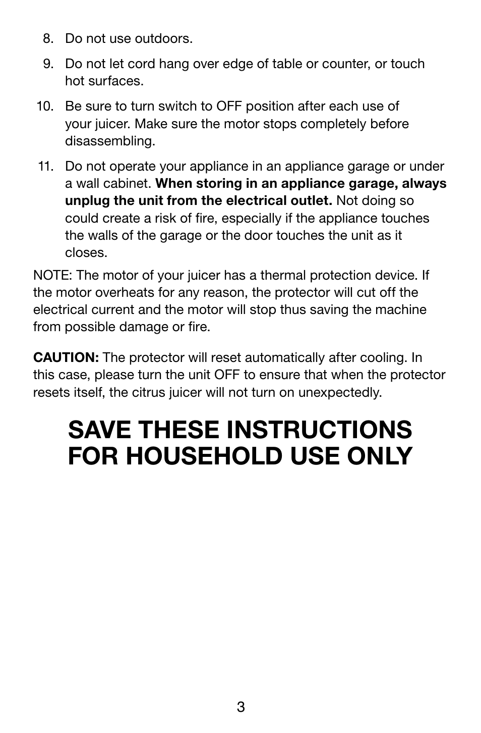 Save these instructions for household use only | Waring Pro PCJ218 User Manual | Page 3 / 8