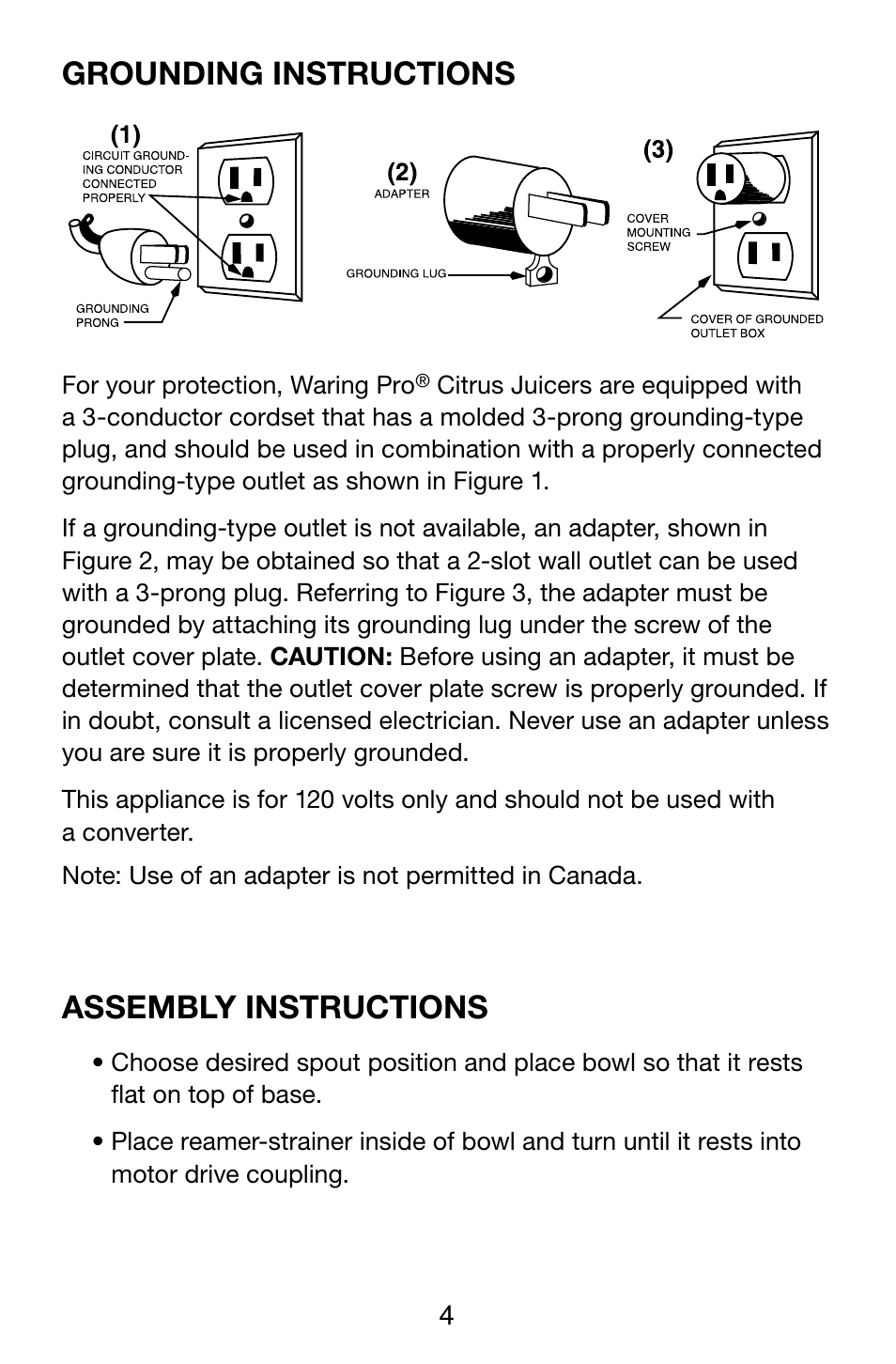 Grounding instructions, Assembly instructions | Waring Pro PCJ218 User Manual | Page 4 / 8