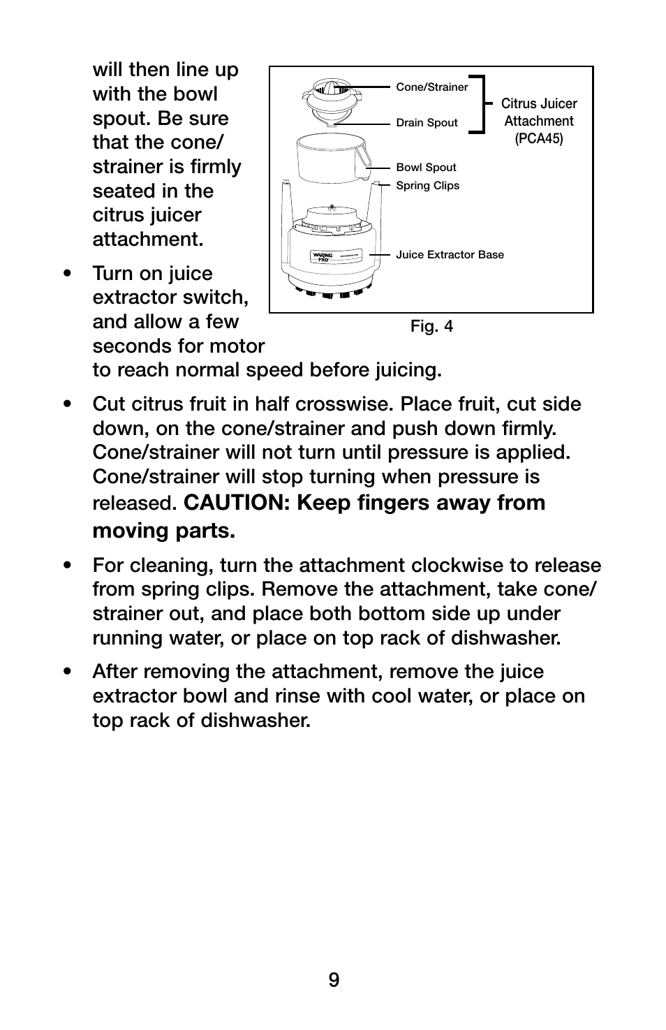 Caution: keep fingers away from moving parts | Waring Pro PJE401 User Manual | Page 10 / 12