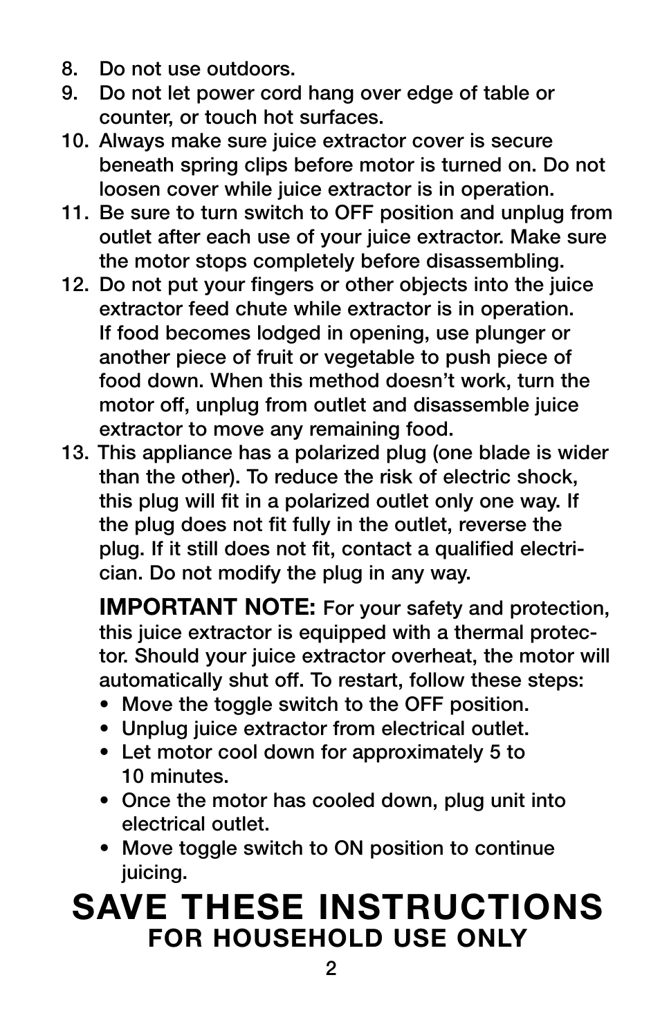 Save these instructions, For household use only | Waring Pro PJE401 User Manual | Page 3 / 12