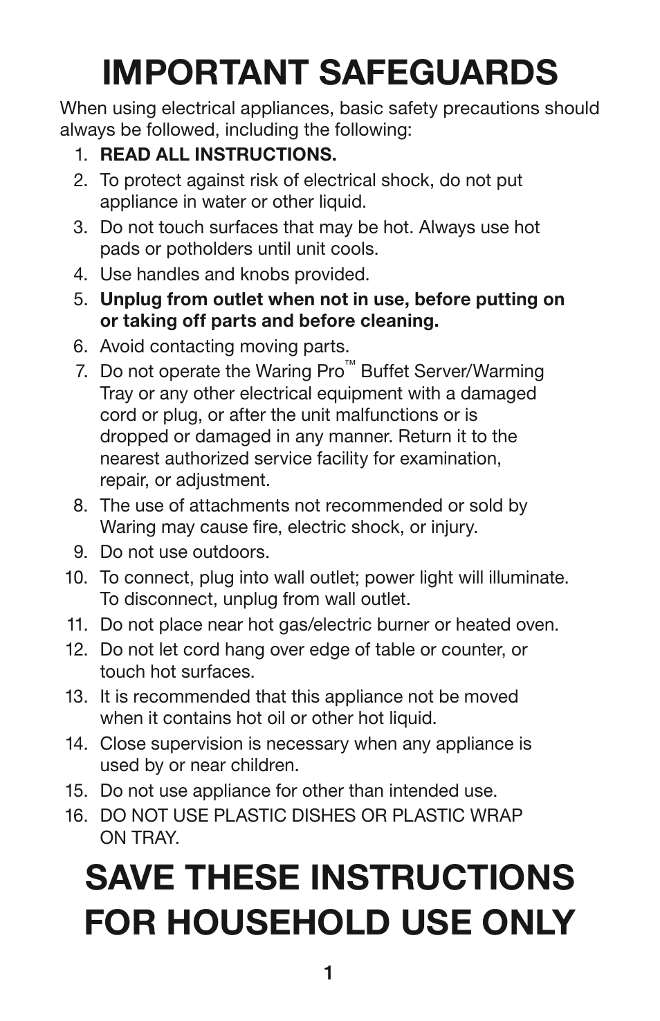 Important safeguards, Save these instructions for household use only | Waring Pro BFS50B User Manual | Page 2 / 8