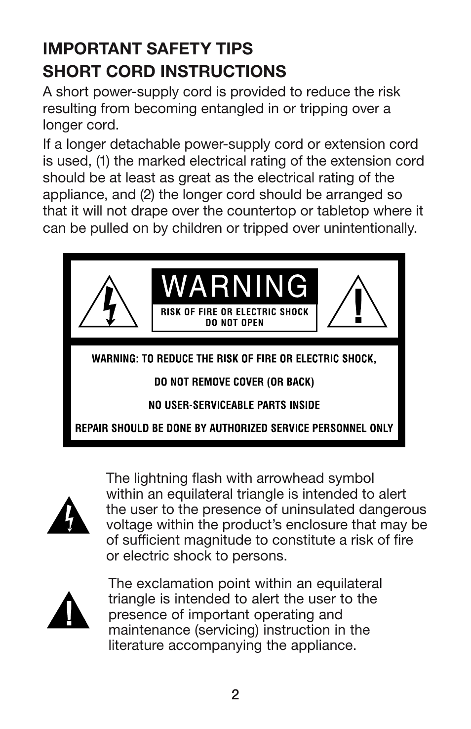 Important safety tips short cord instructions | Waring Pro BFS50B User Manual | Page 3 / 8