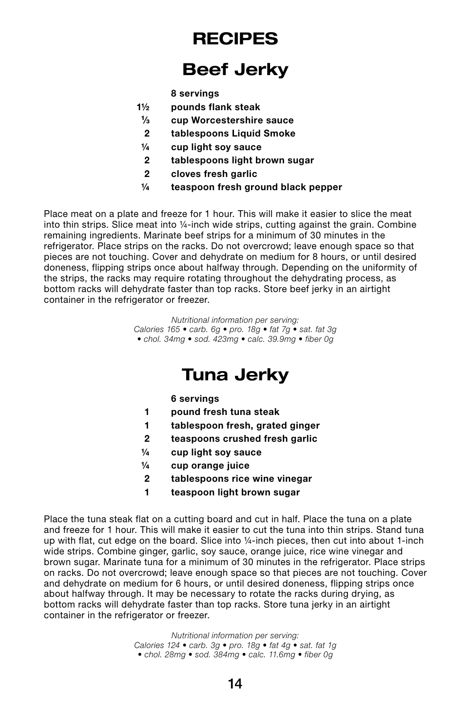 Recipes beef jerky, Tuna jerky | Waring Pro DHR30 User Manual | Page 15 / 20