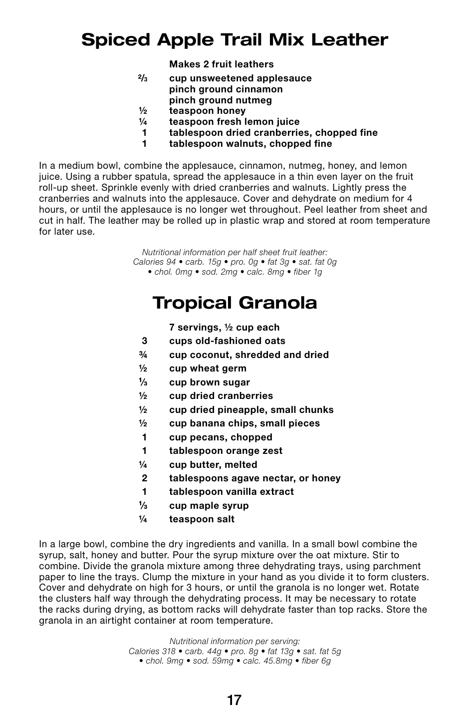 Spiced apple trail mix leather, Tropical granola | Waring Pro DHR30 User Manual | Page 18 / 20