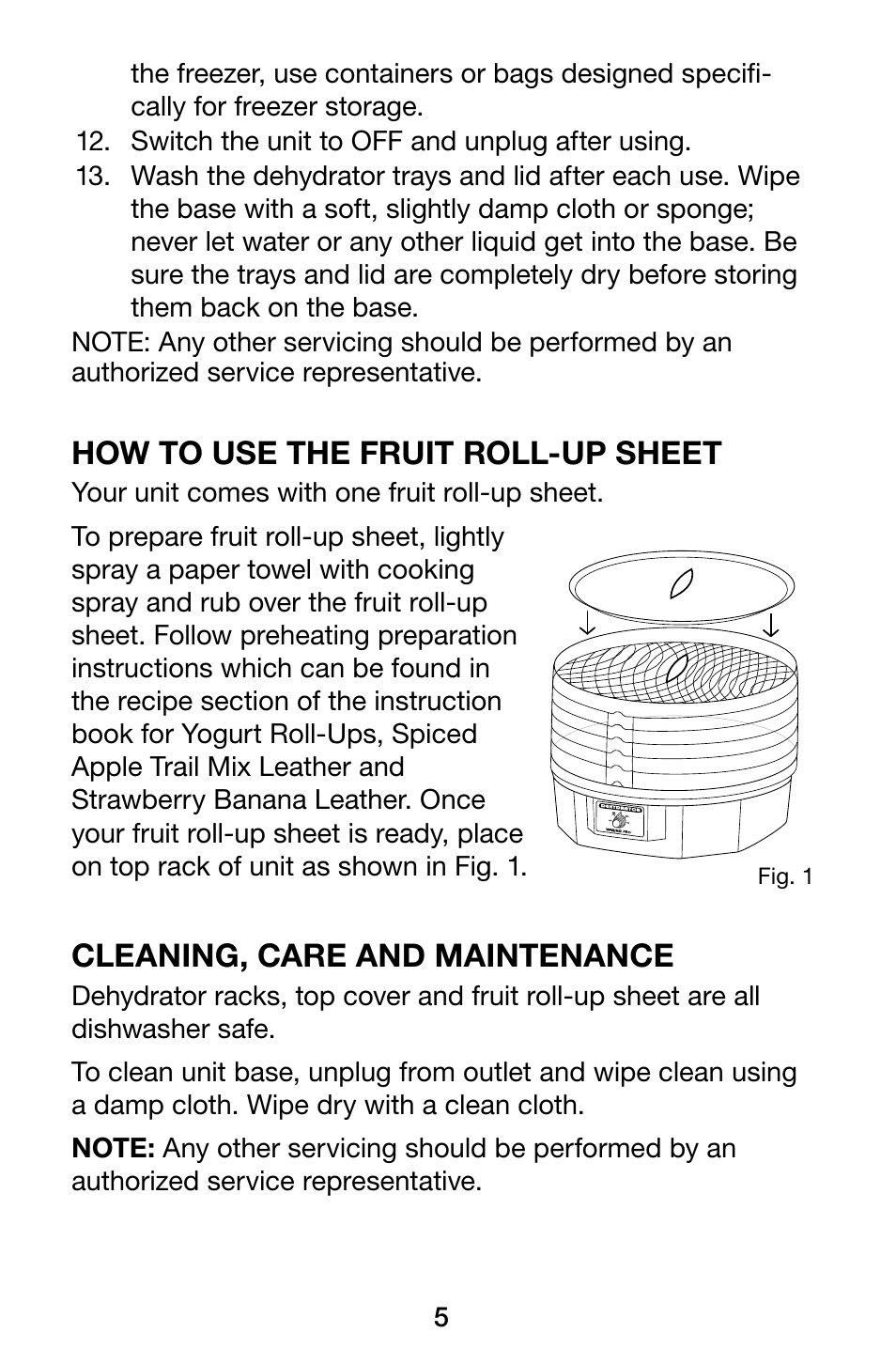 How to use the fruit roll-up sheet, Cleaning, care and maintenance | Waring Pro DHR30 User Manual | Page 6 / 20