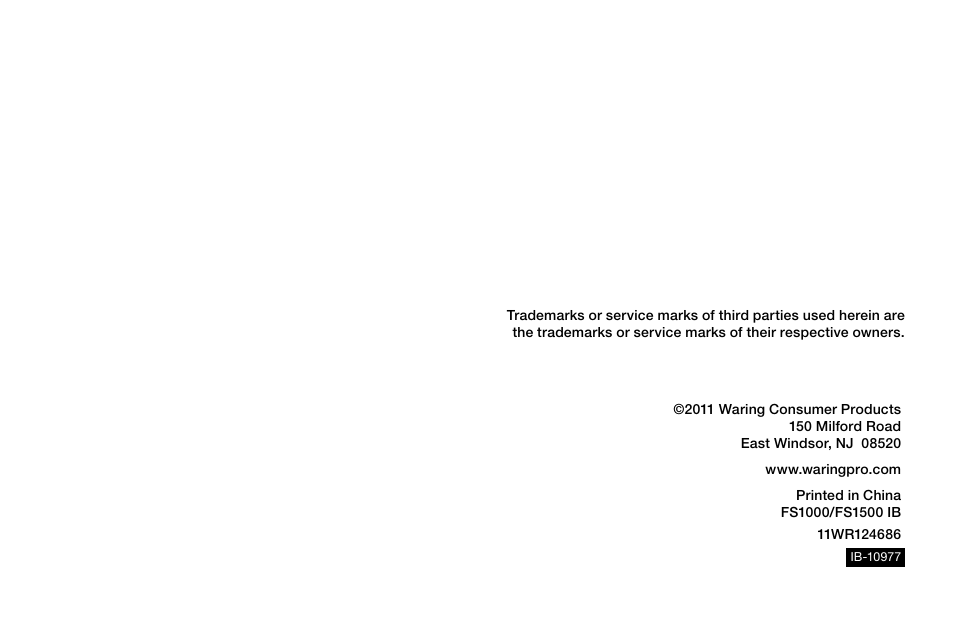 Waring Pro FS1000 User Manual | Page 12 / 12
