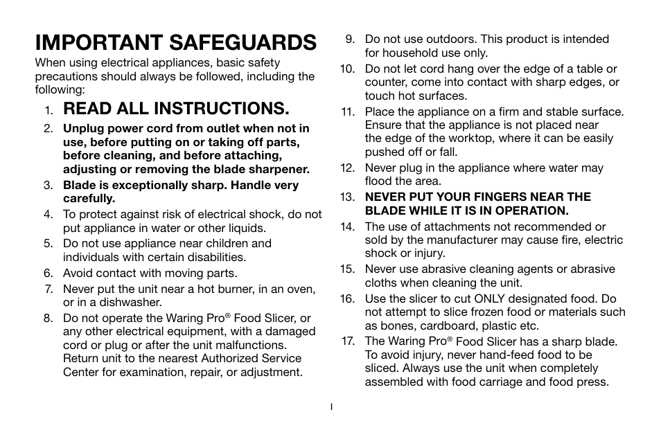 Important safeguards, Read all instructions | Waring Pro FS1000 User Manual | Page 2 / 12