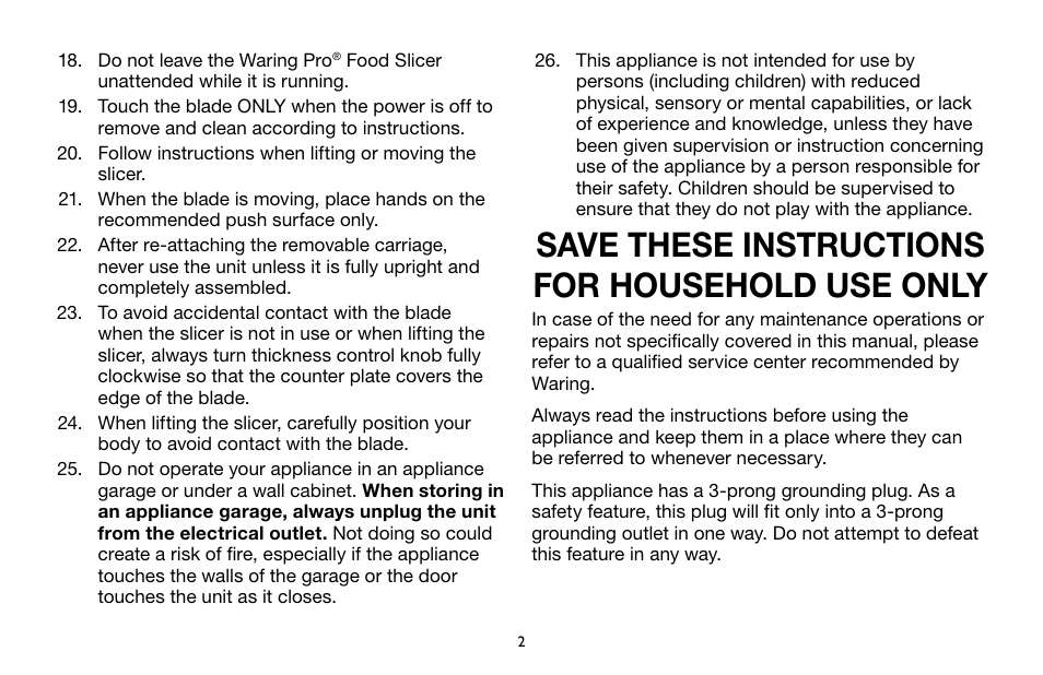 Save these instructions for household use only | Waring Pro FS1000 User Manual | Page 3 / 12