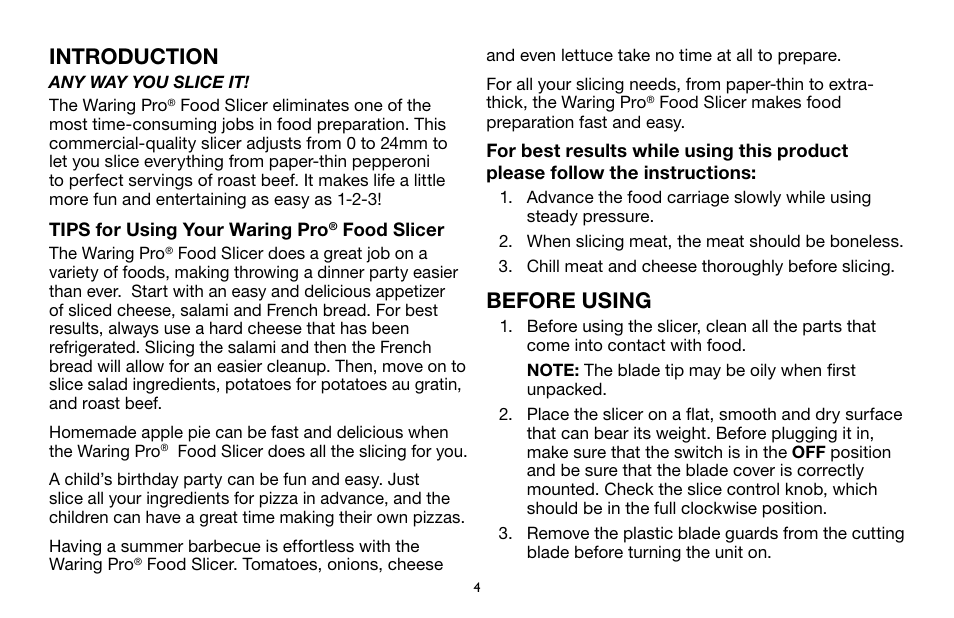 Introduction, Before using | Waring Pro FS1000 User Manual | Page 5 / 12