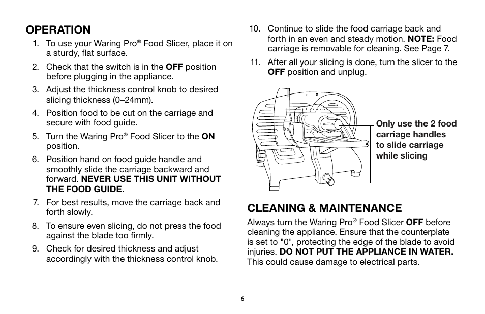 Operation, Cleaning & maintenance | Waring Pro FS1000 User Manual | Page 7 / 12