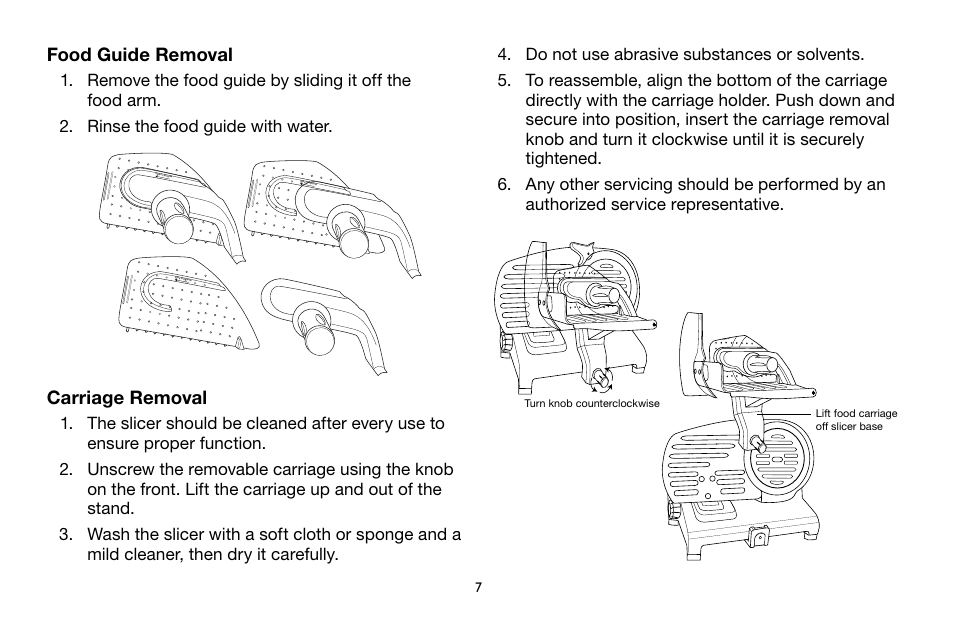 Food guide removal, Carriage removal | Waring Pro FS1000 User Manual | Page 8 / 12