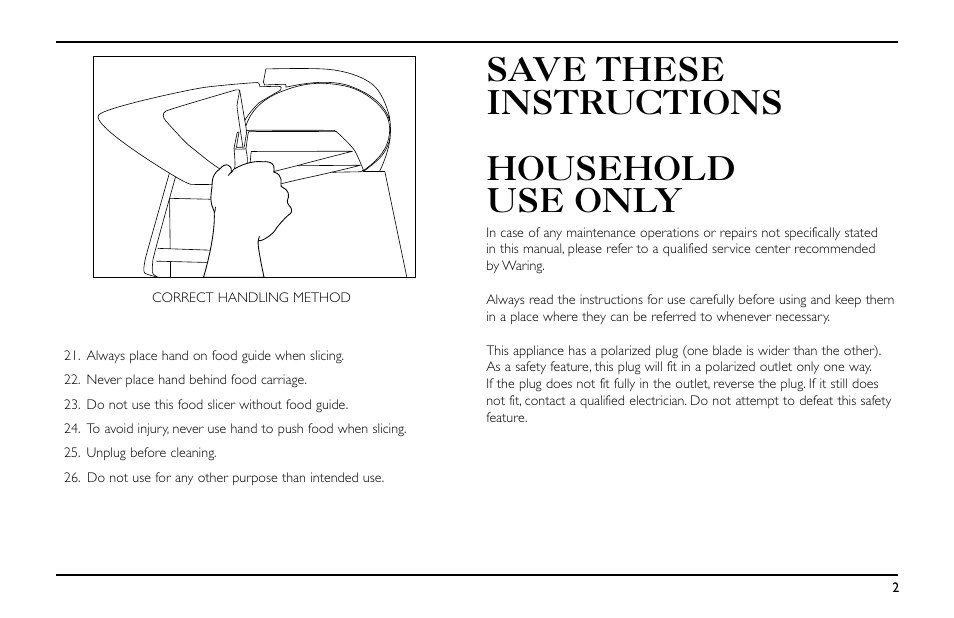 Save these instructions household use only | Waring Pro FS155 User Manual | Page 3 / 8