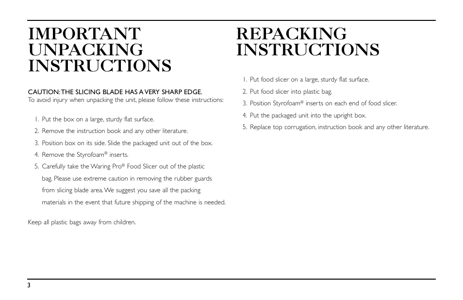 Important unpacking instructions, Repacking instructions | Waring Pro FS155 User Manual | Page 4 / 8