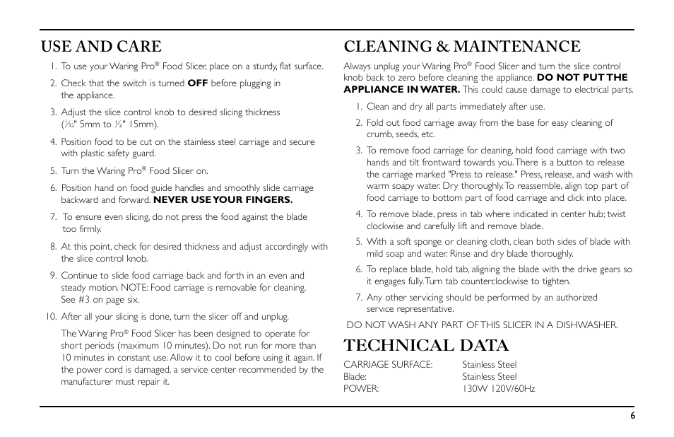 Use and care, Cleaning & maintenance, Technical data | Waring Pro FS155 User Manual | Page 7 / 8