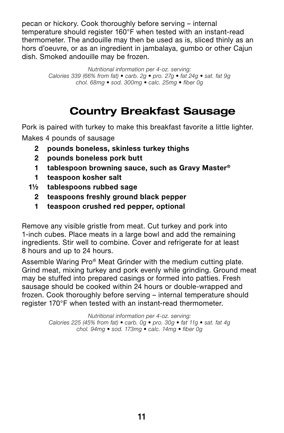 Country breakfast sausage | Waring Pro MG105 User Manual | Page 12 / 14