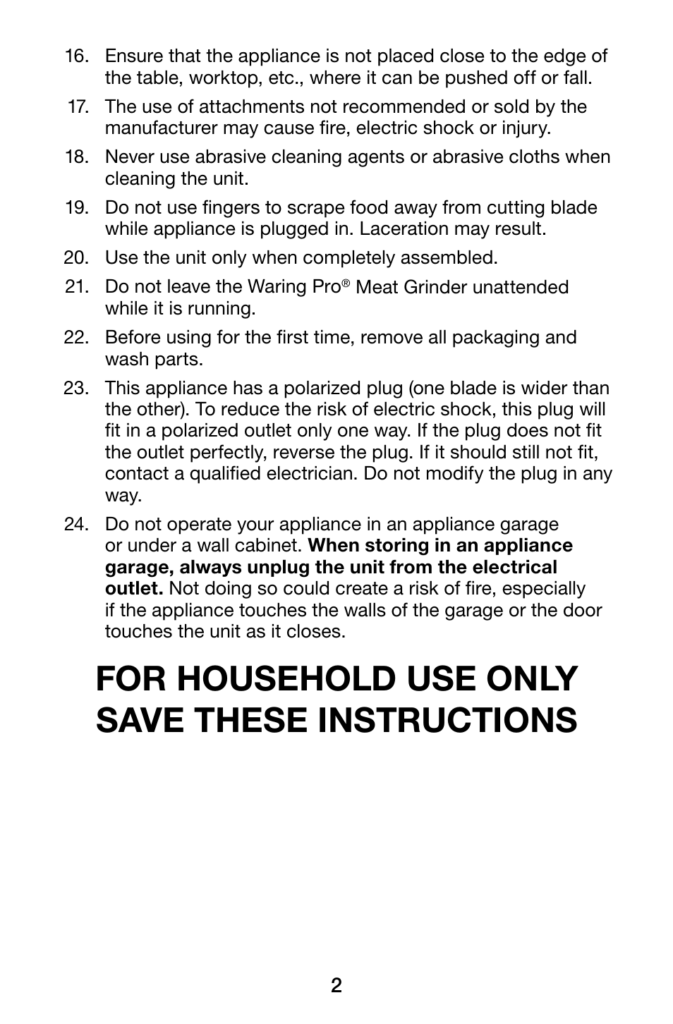 For household use only save these instructions | Waring Pro MG105 User Manual | Page 3 / 14