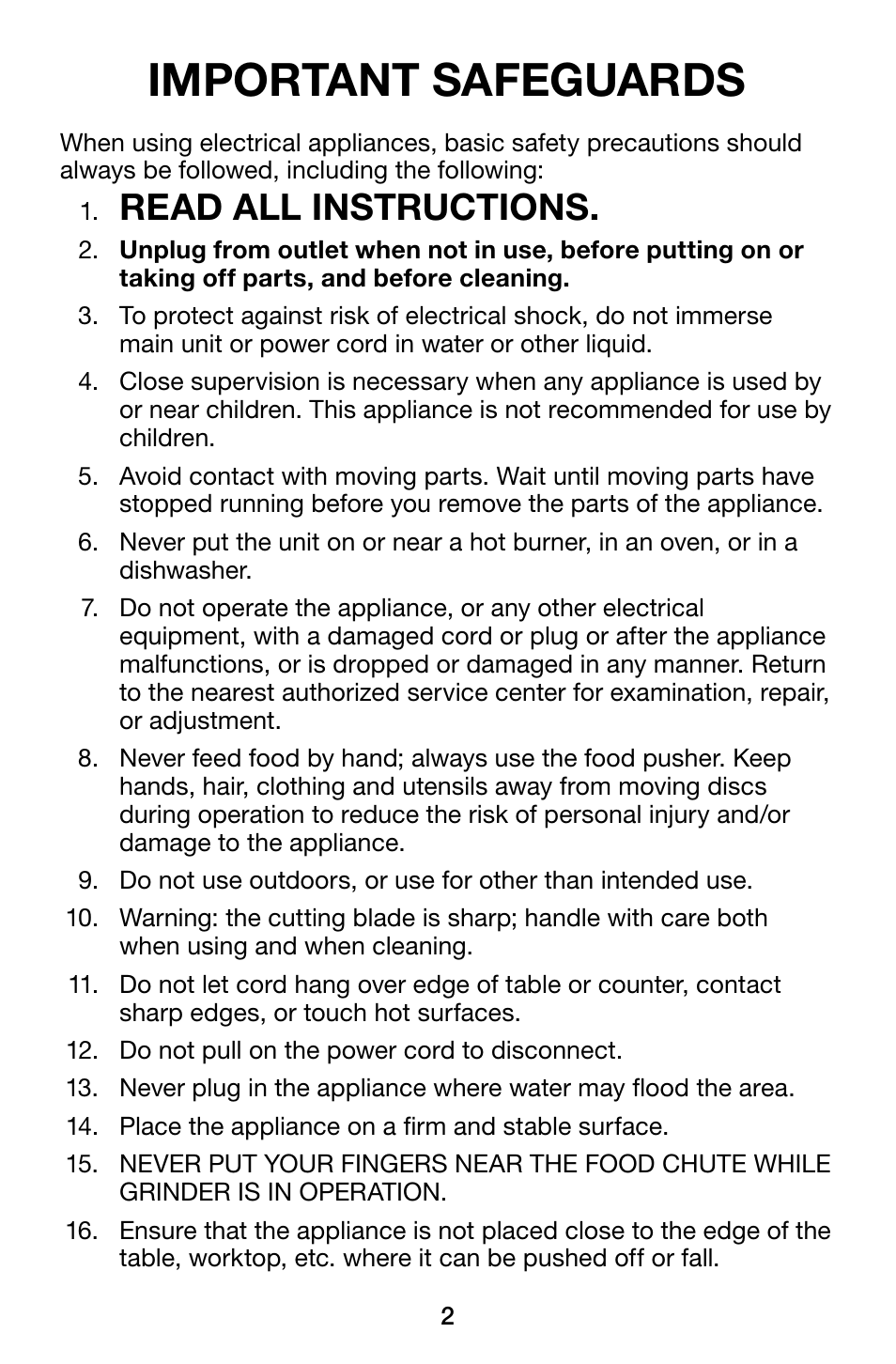 Important safeguards, Read all instructions | Waring Pro MG1200 User Manual | Page 2 / 12