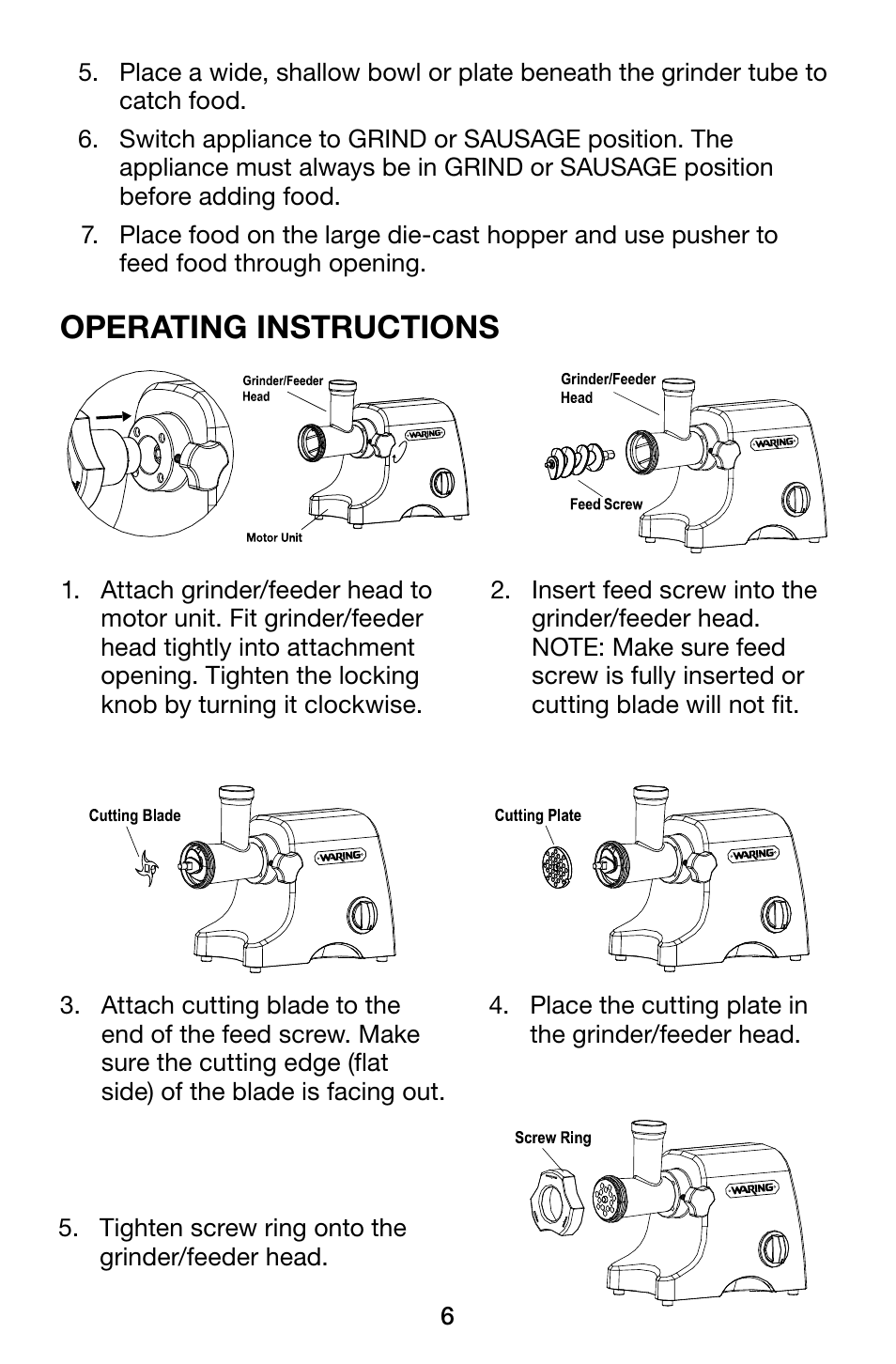 Operating instructions | Waring Pro MG1200 User Manual | Page 6 / 12