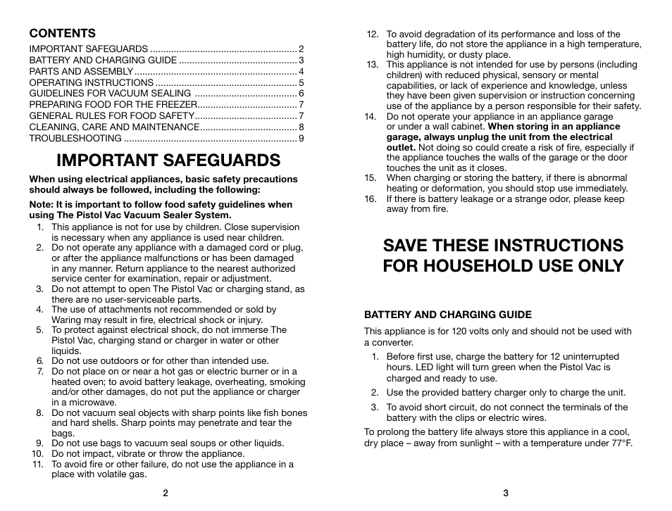 Important safeguards, Save these instructions for household use only | Waring Pro PVS1000 User Manual | Page 2 / 7