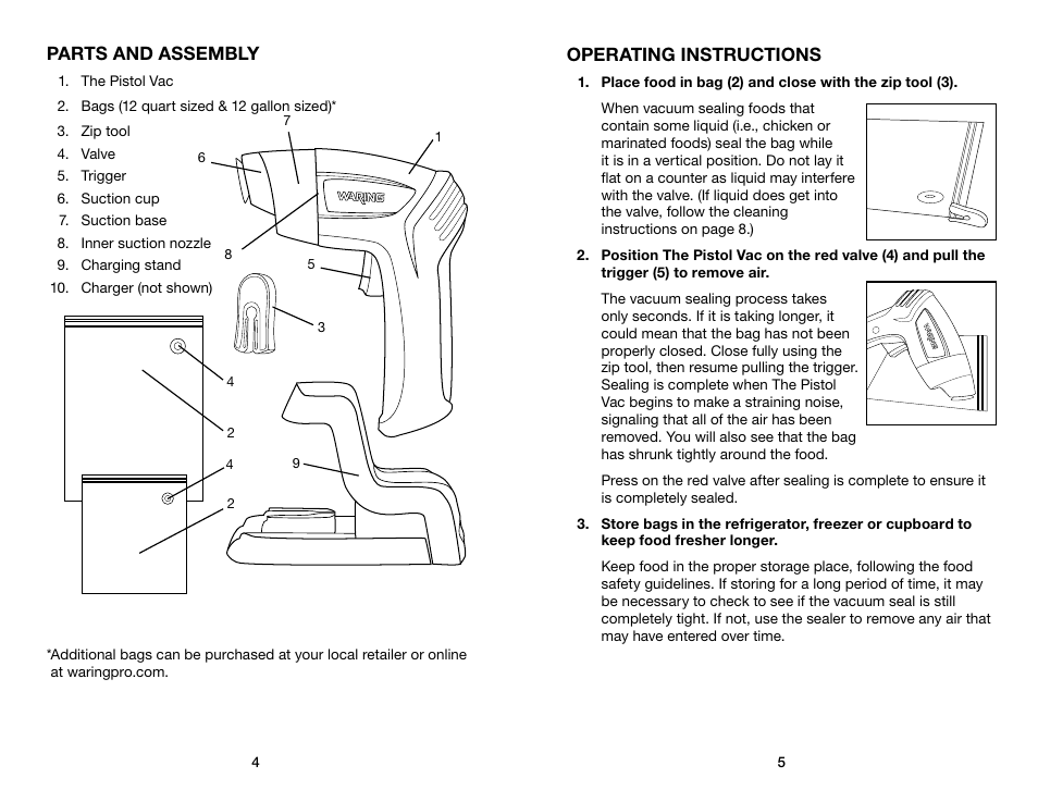 Parts and assembly, Operating instructions | Waring Pro PVS1000 User Manual | Page 3 / 7