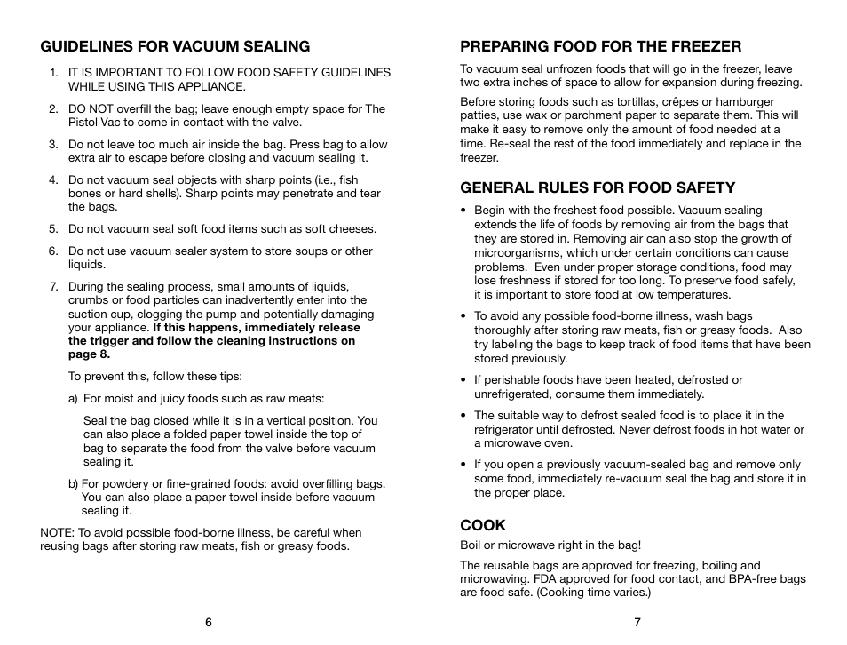 Guidelines for vacuum sealing, Preparing food for the freezer, General rules for food safety | Cook | Waring Pro PVS1000 User Manual | Page 4 / 7