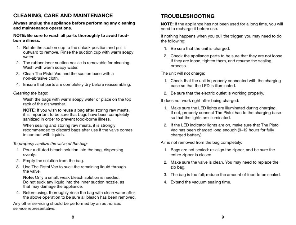 Cleaning, care and maintenance, Troubleshooting | Waring Pro PVS1000 User Manual | Page 5 / 7