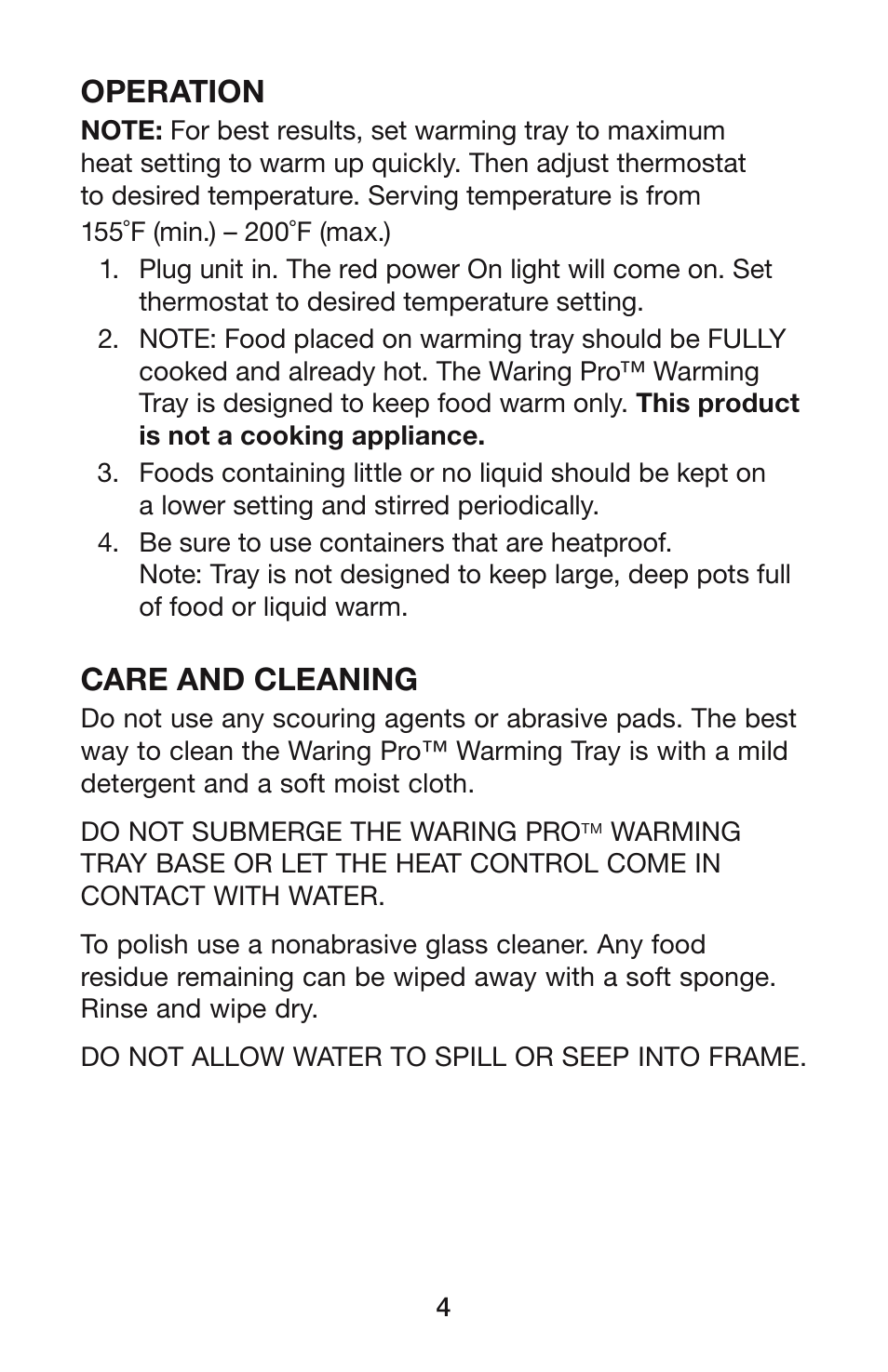 Operation, Care and cleaning | Waring Pro WT90B User Manual | Page 5 / 8