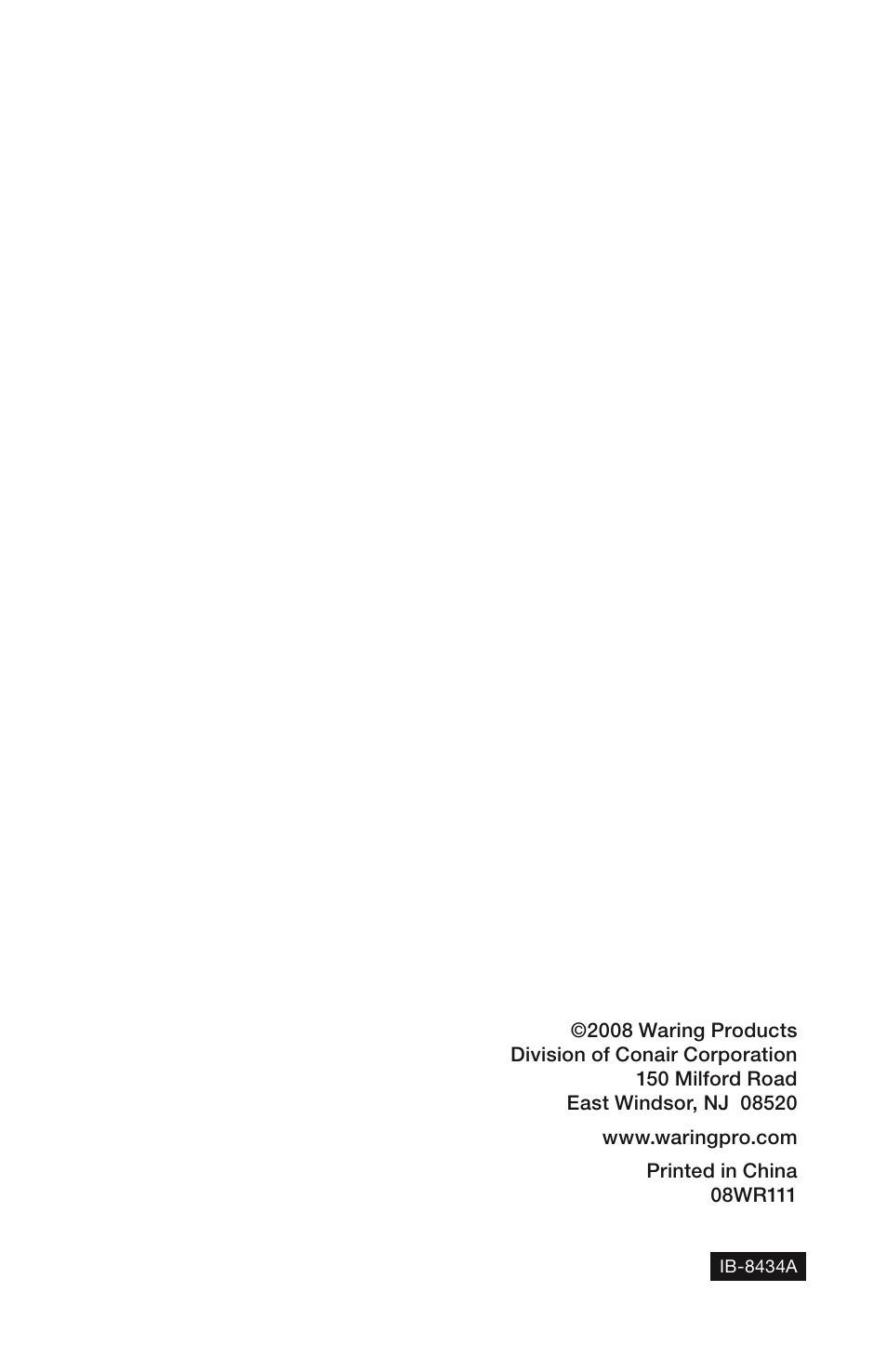 Waring Pro WT90B User Manual | Page 8 / 8