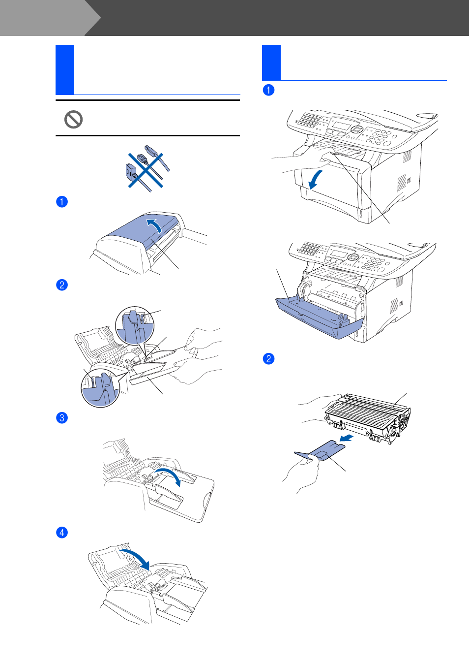 Step 1 setting up the machine, 2 install the drum unit assembly, Setting up the machine | Install the automatic document feed (adf) support, Install the drum unit assembly, Step 1, 1install the automatic document feed (adf) support, 2install the drum unit assembly | Brother BDL4231CS User Manual | Page 5 / 52