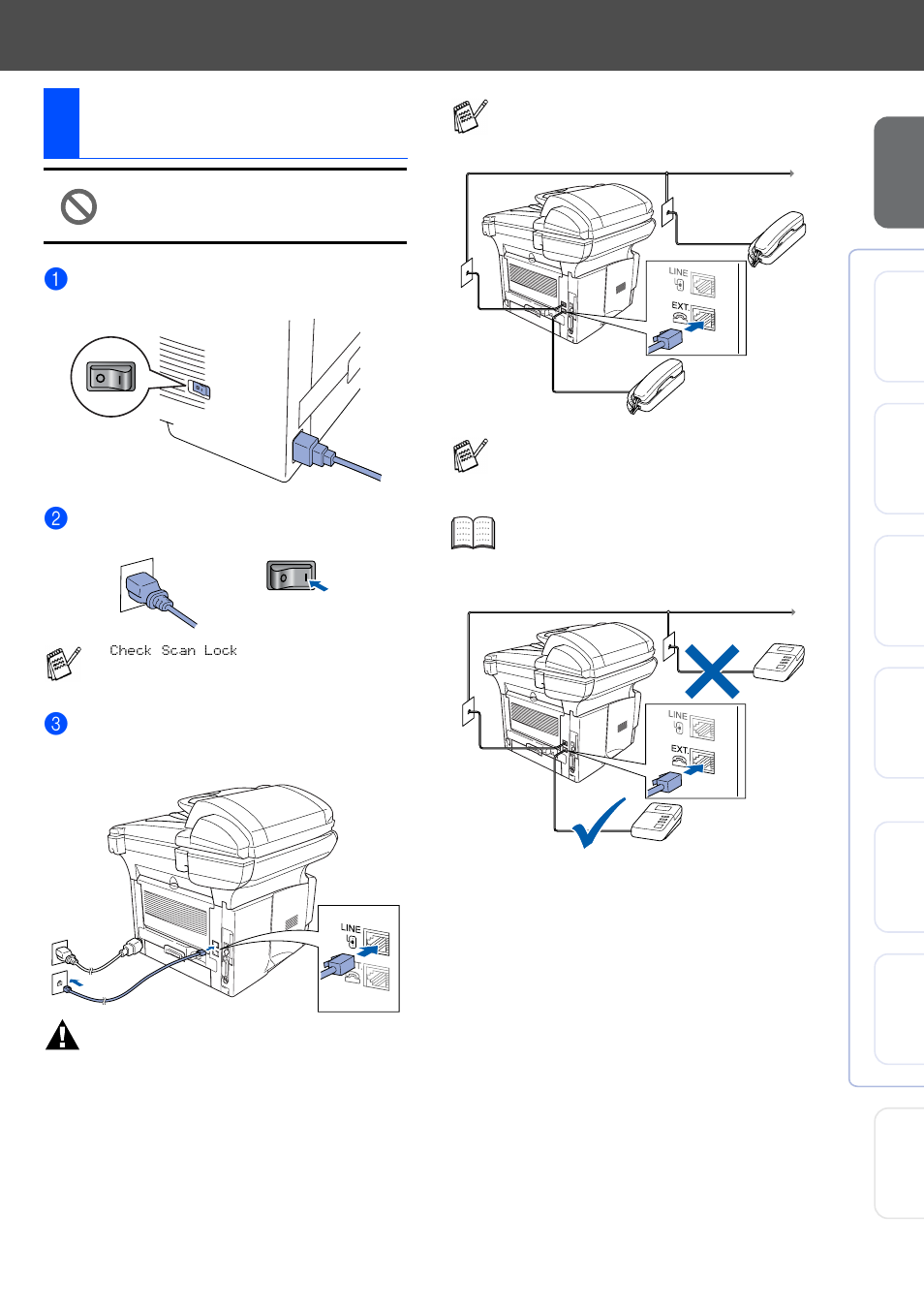 5 install the power cord and phone line, Install the power cord and phone line, 5install the power cord and phone line | Warning | Brother BDL4231CS User Manual | Page 8 / 52