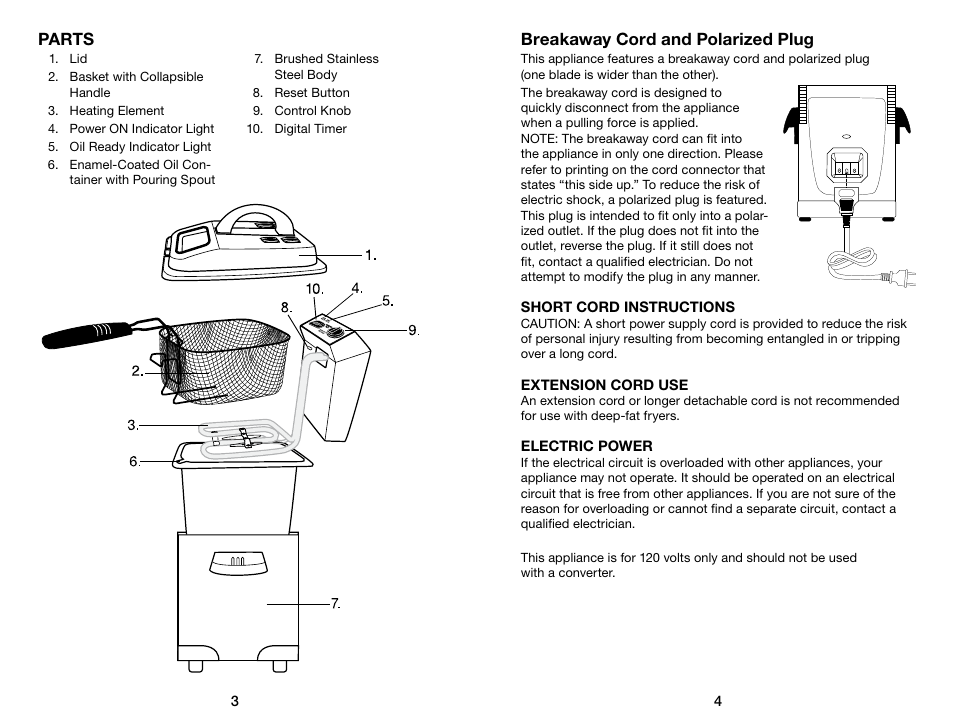 Parts, Breakaway cord and polarized plug | Waring Pro DF175 User Manual | Page 3 / 11