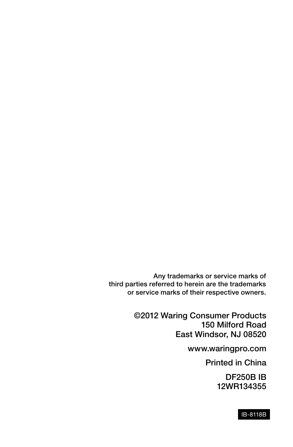 Waring Pro DF250B User Manual | Page 11 / 11