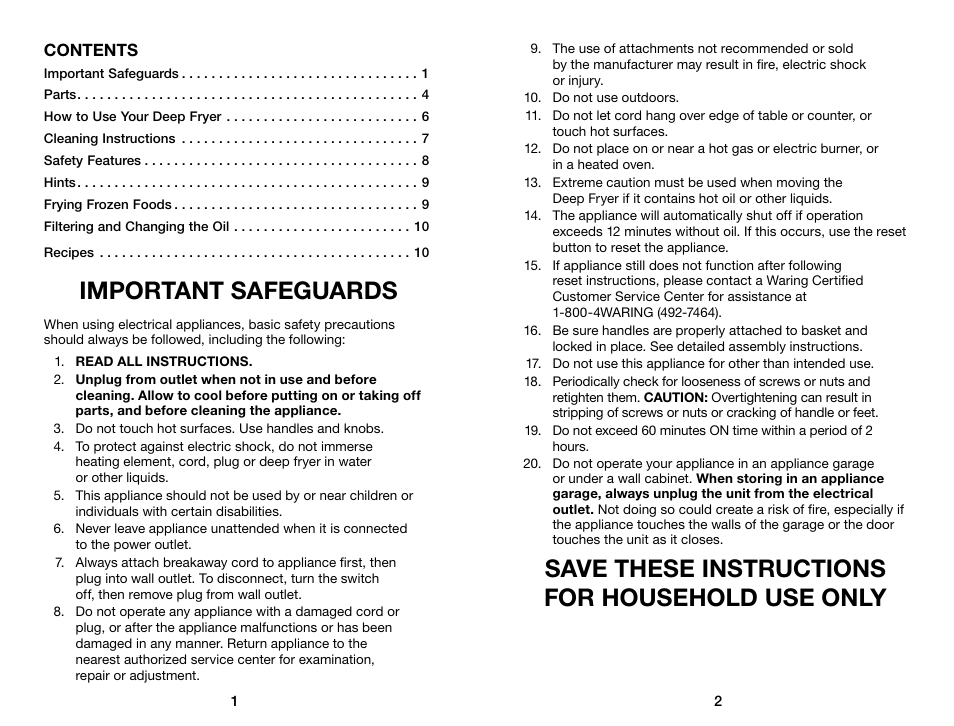 Important safeguards, Save these instructions for household use only | Waring Pro DF250B User Manual | Page 2 / 11