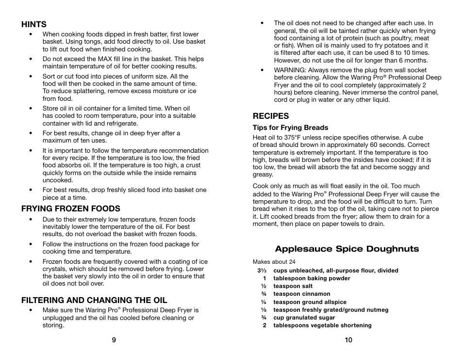 Recipes, Applesauce spice doughnuts, Hints | Frying frozen foods, Filtering and changing the oil | Waring Pro DF250B User Manual | Page 6 / 11