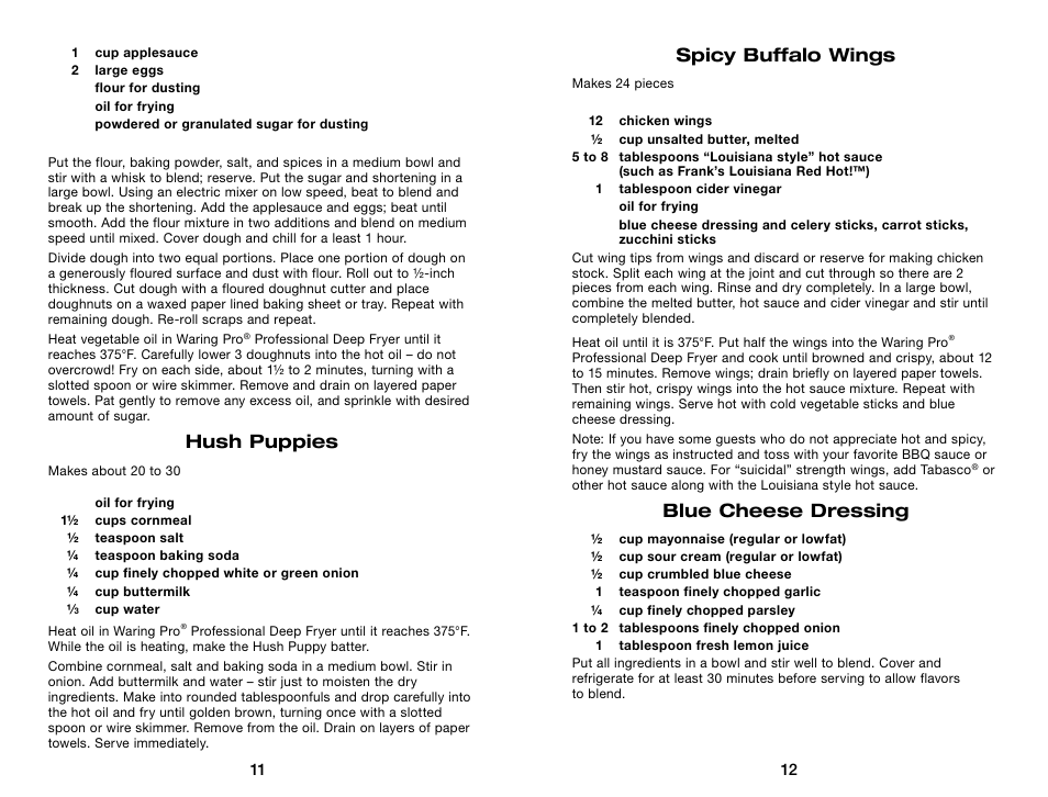 Spicy buffalo wings, Blue cheese dressing, Hush puppies | Waring Pro DF250B User Manual | Page 7 / 11