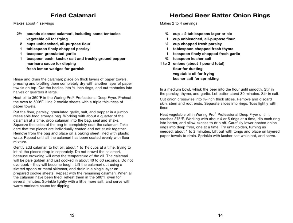 Herbed beer batter onion rings, Fried calamari | Waring Pro DF250B User Manual | Page 8 / 11