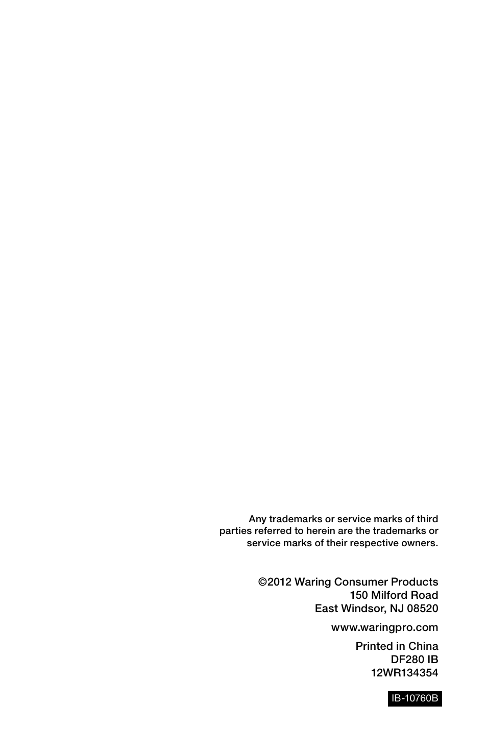 Waring Pro DF280 User Manual | Page 11 / 11