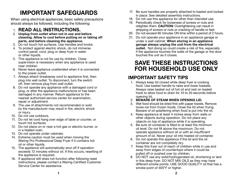 Important safeguards, Save these instructions for household use only, Read all instructions | Important safety tips | Waring Pro DF280 User Manual | Page 2 / 11