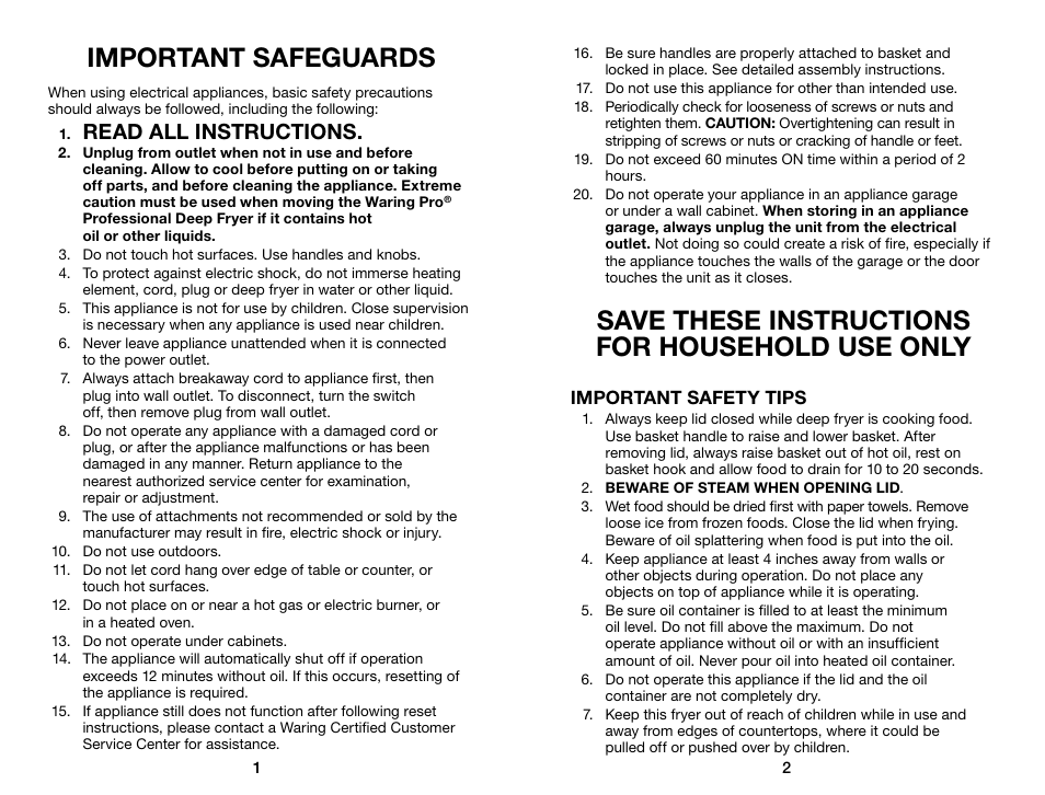 Important safeguards, Save these instructions for household use only, Read all instructions | Waring Pro DF55 User Manual | Page 2 / 11