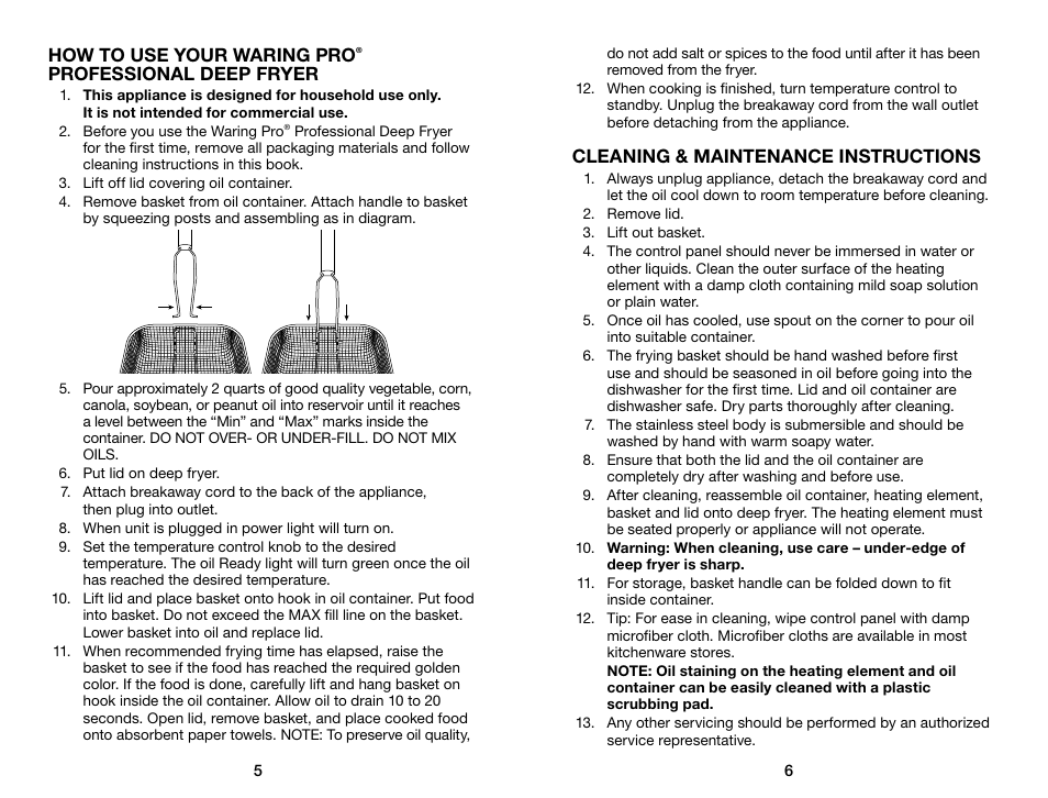 How to use your waring pro, Professional deep fryer, Cleaning & maintenance instructions | Waring Pro DF55 User Manual | Page 4 / 11