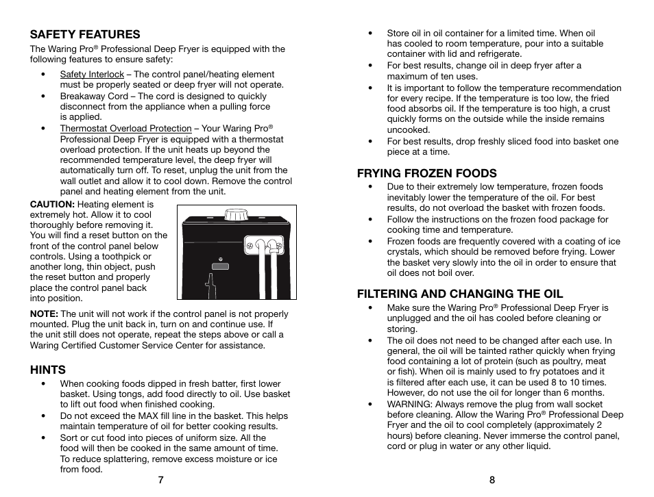Safety features, Hints, Frying frozen foods | Filtering and changing the oil | Waring Pro DF55 User Manual | Page 5 / 11