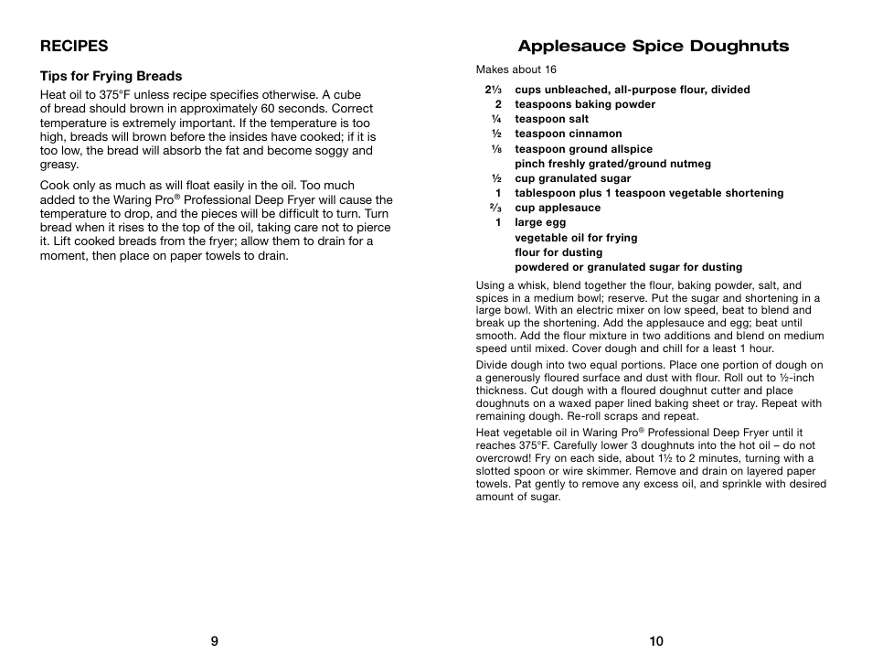 Recipes, Applesauce spice doughnuts | Waring Pro DF55 User Manual | Page 6 / 11